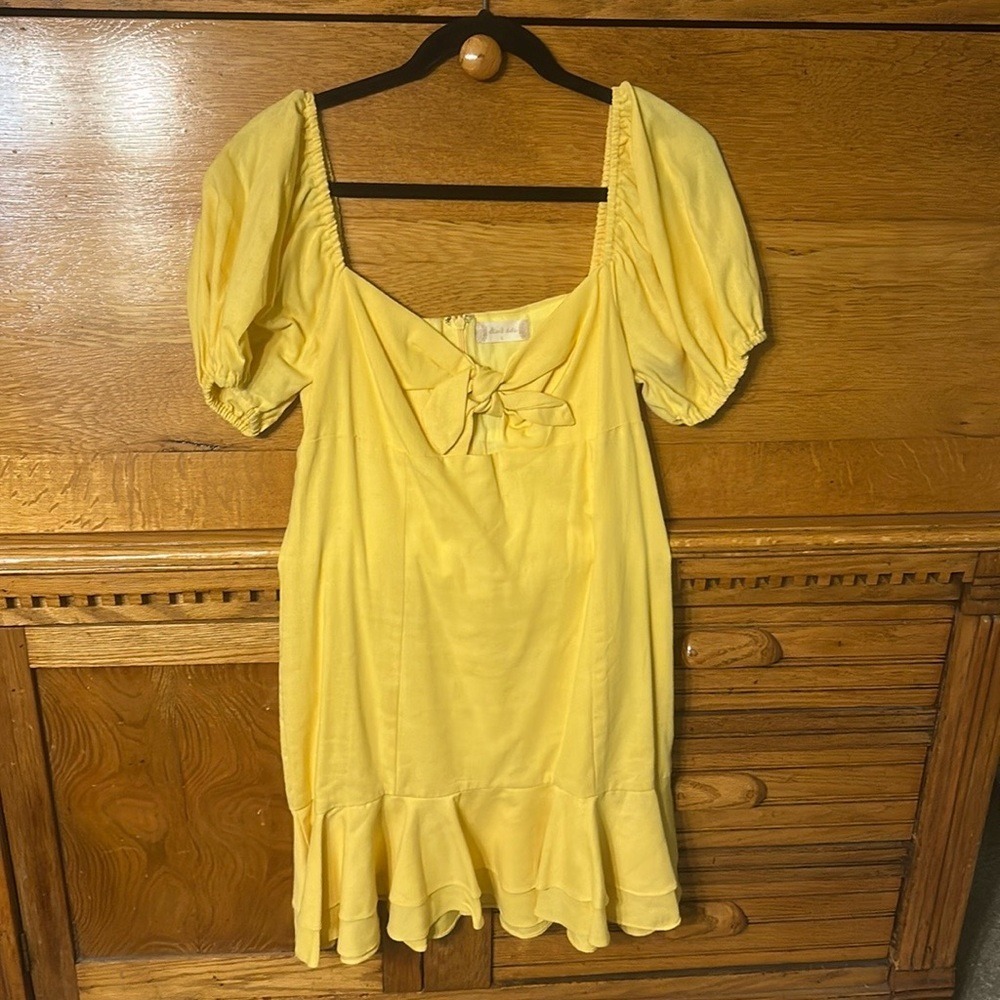 Altar'd State Cottagecore Yellow Puff Sleeve Ruffle Hem Tie Front Mini Dress